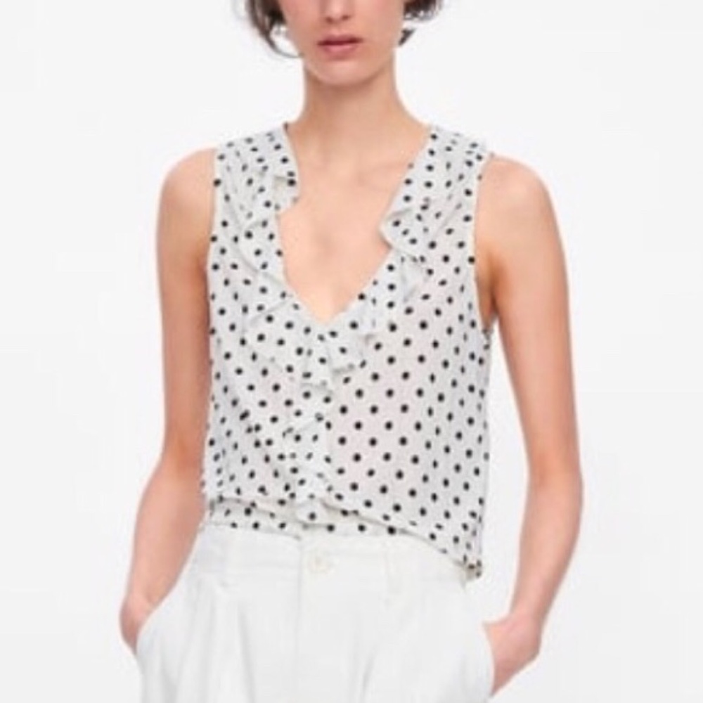 Zara white and black polka dot ruffle tank top S